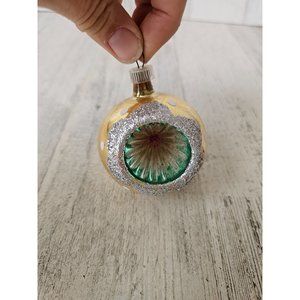 Vintage Austria yellow reflector ball vintage ornament polka dot glitter silver